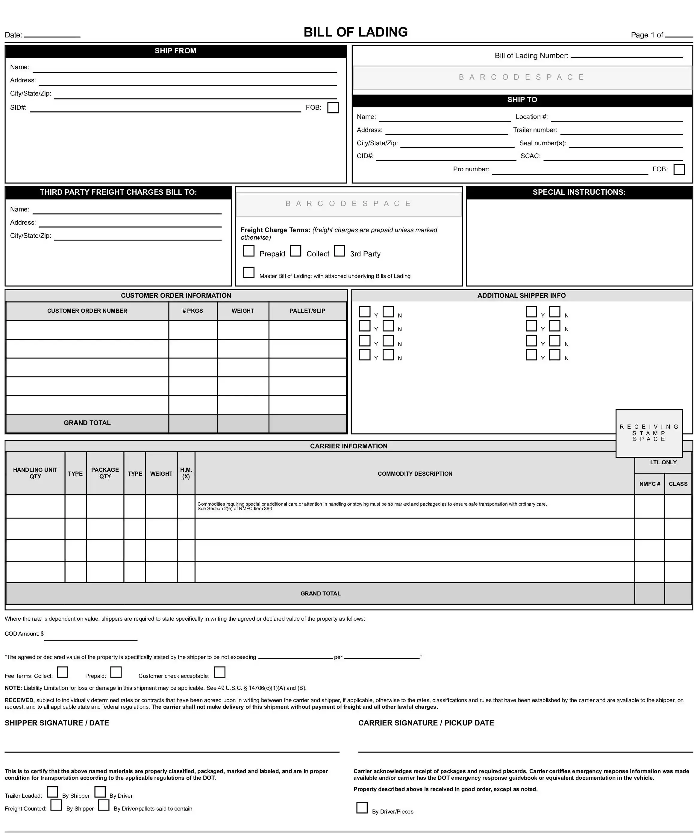 example of a bill of lading