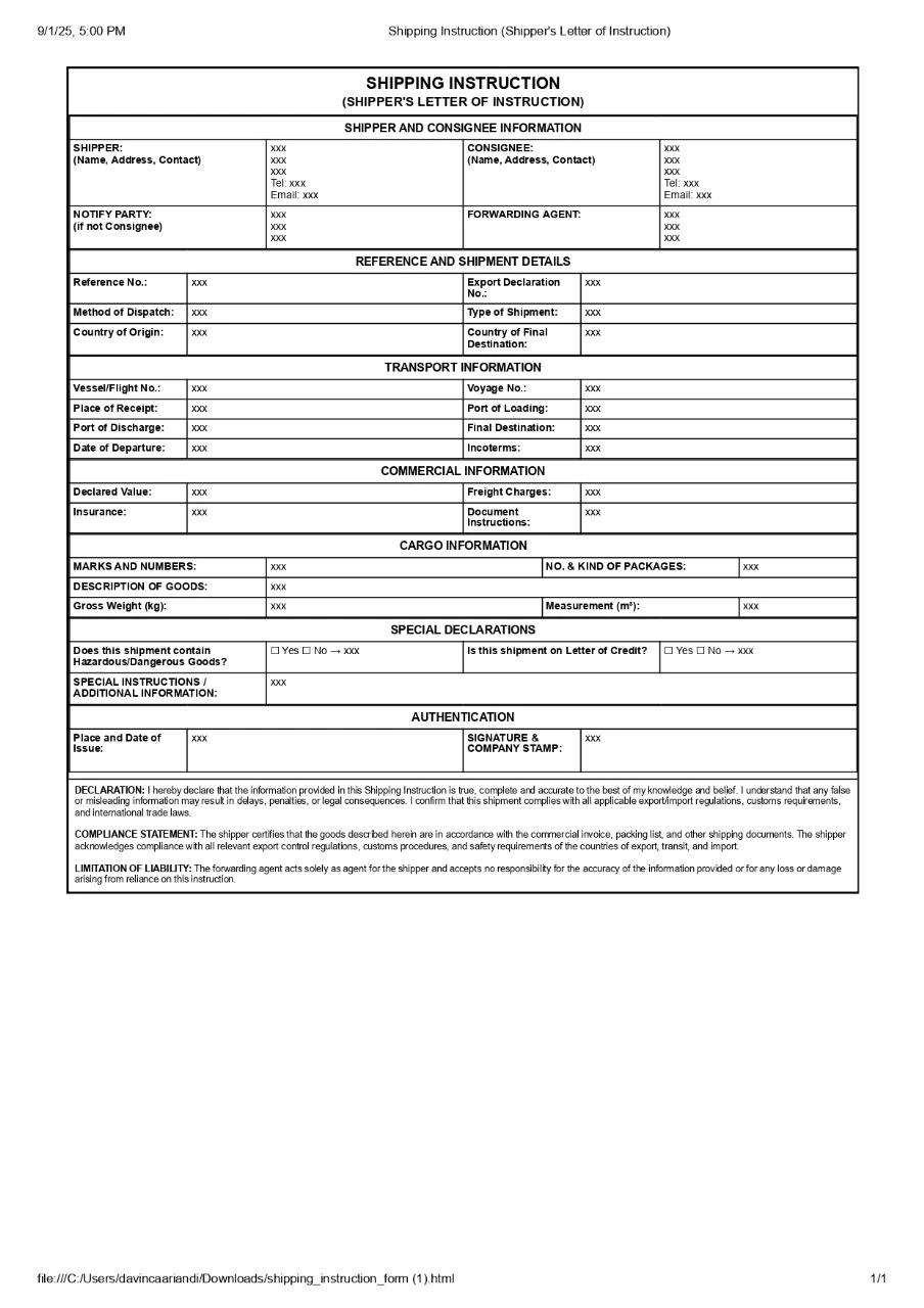 an example of a shipping instruction