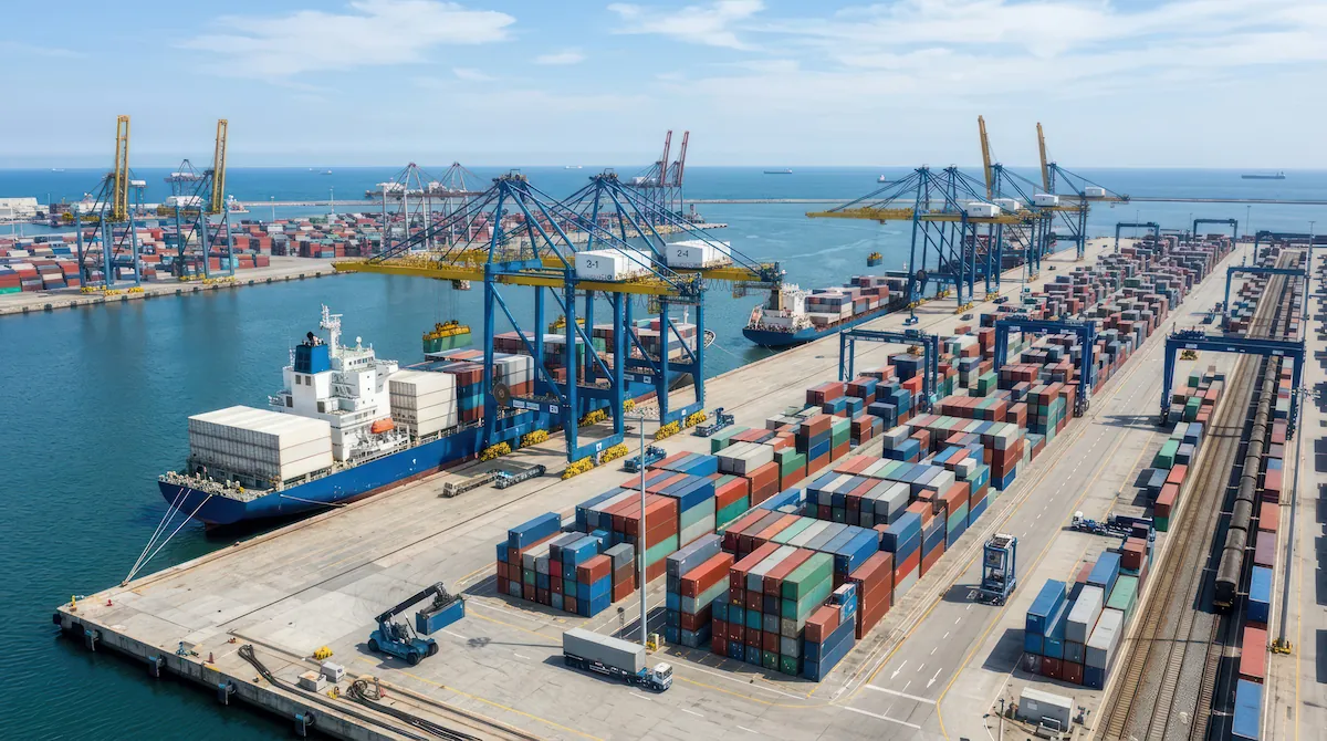 kapal kontainer yang sedang bersinggah di pelabuhan industri